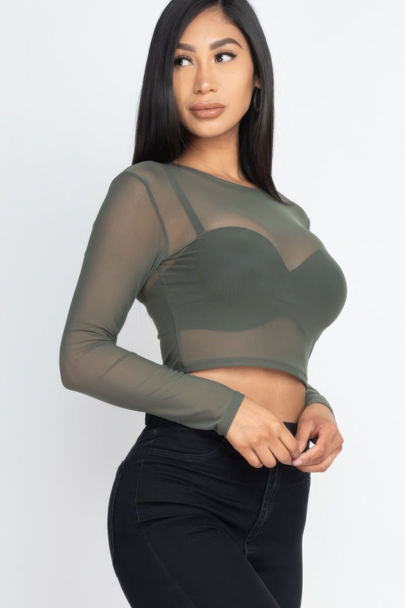 Women Sexy Sheer Mesh Long Sleeve Crop Top Shirts & Tops jehouze