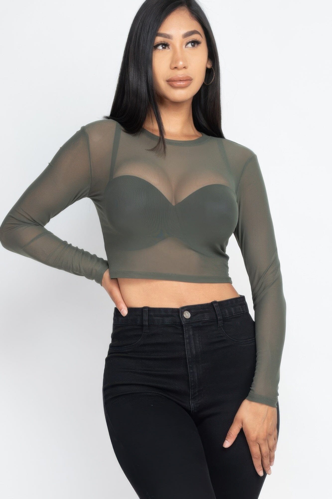 Women Sexy Sheer Mesh Long Sleeve Crop Top Shirts & Tops jehouze