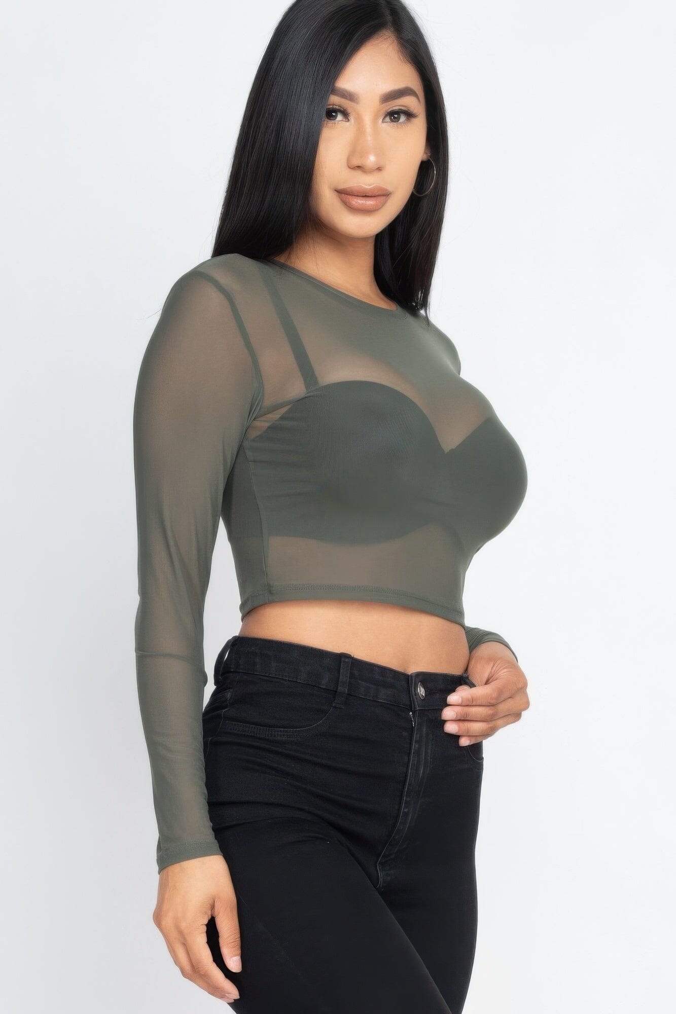 Women Sexy Sheer Mesh Long Sleeve Crop Top Shirts & Tops jehouze