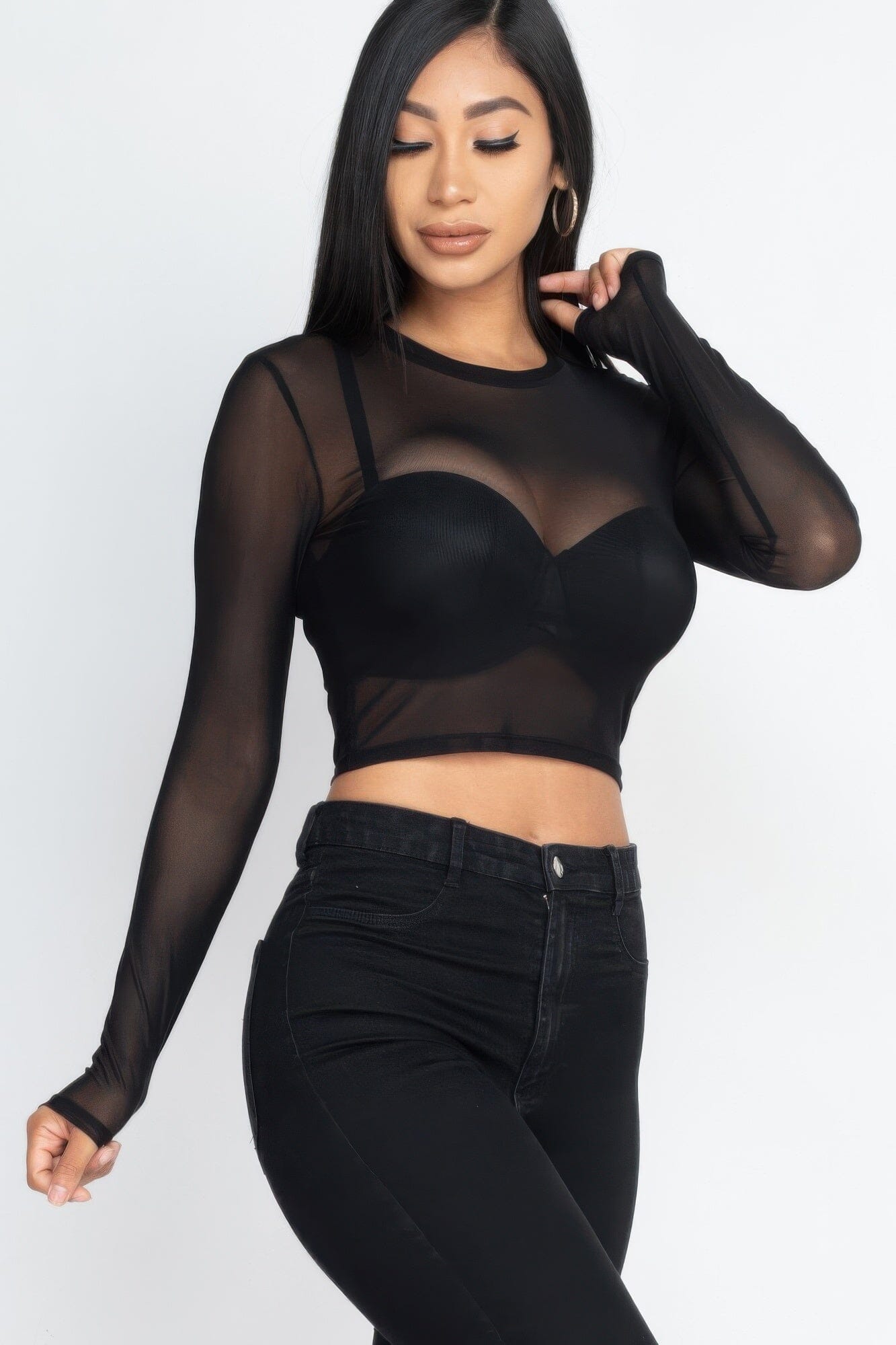 Women Sexy Sheer Mesh Long Sleeve Crop Top Shirts & Tops jehouze