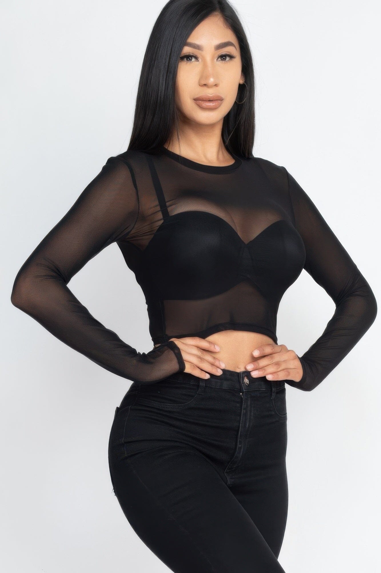 Women Sexy Sheer Mesh Long Sleeve Crop Top Shirts & Tops jehouze