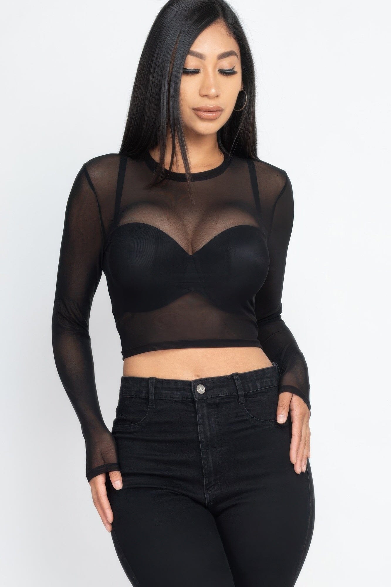 Women Sexy Sheer Mesh Long Sleeve Crop Top Shirts & Tops jehouze