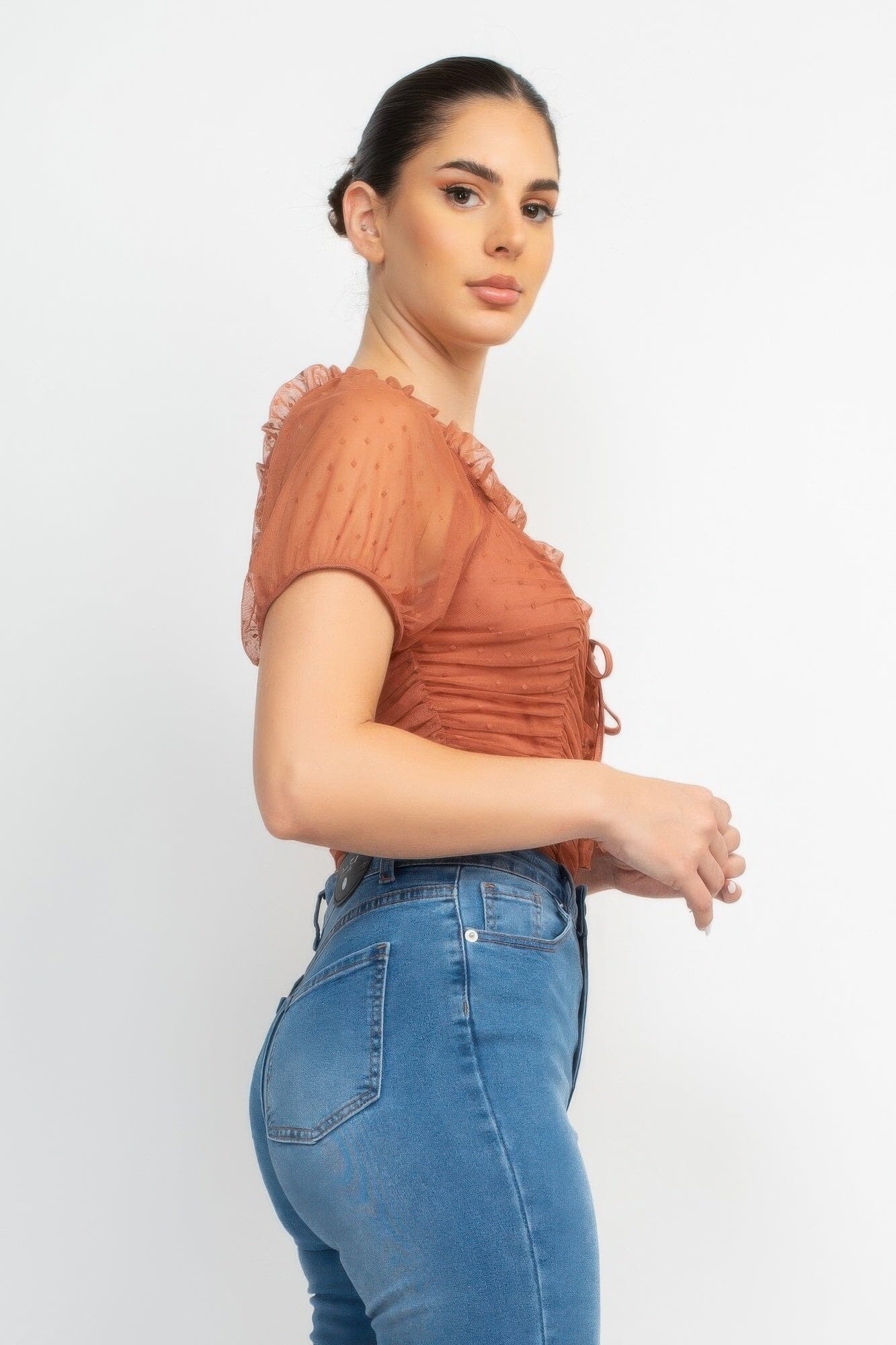 Women Shirred Mesh Short Sleeve Bodysuit Shirts & Tops jehouze