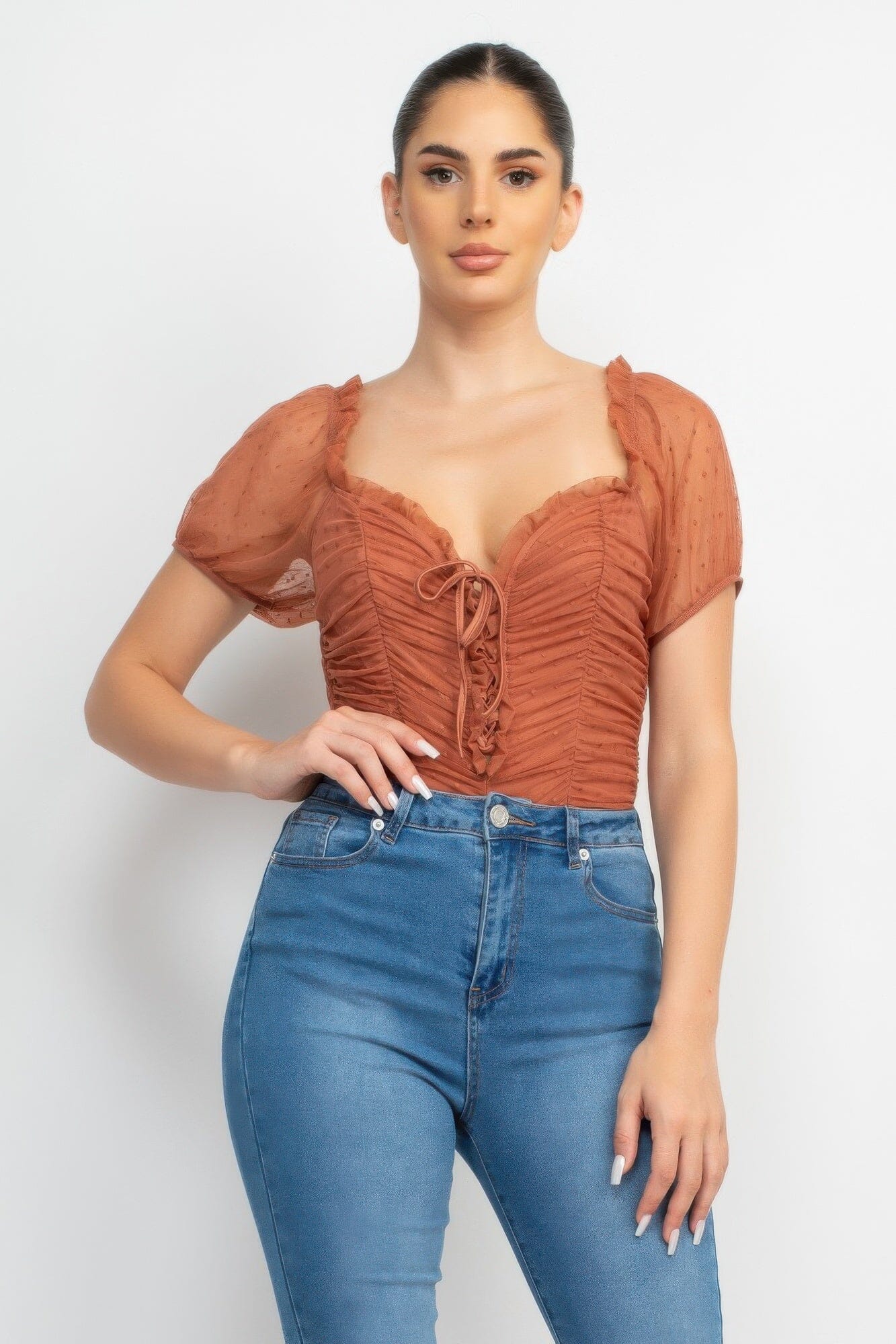 Women Shirred Mesh Short Sleeve Bodysuit Shirts & Tops jehouze