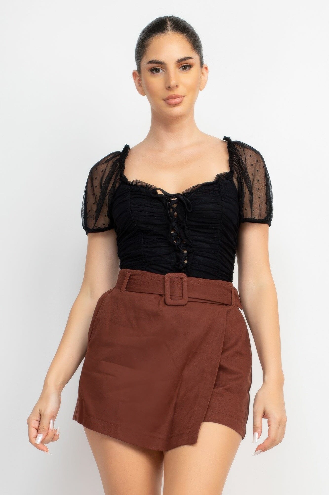 Women Shirred Mesh Short Sleeve Bodysuit Shirts & Tops jehouze
