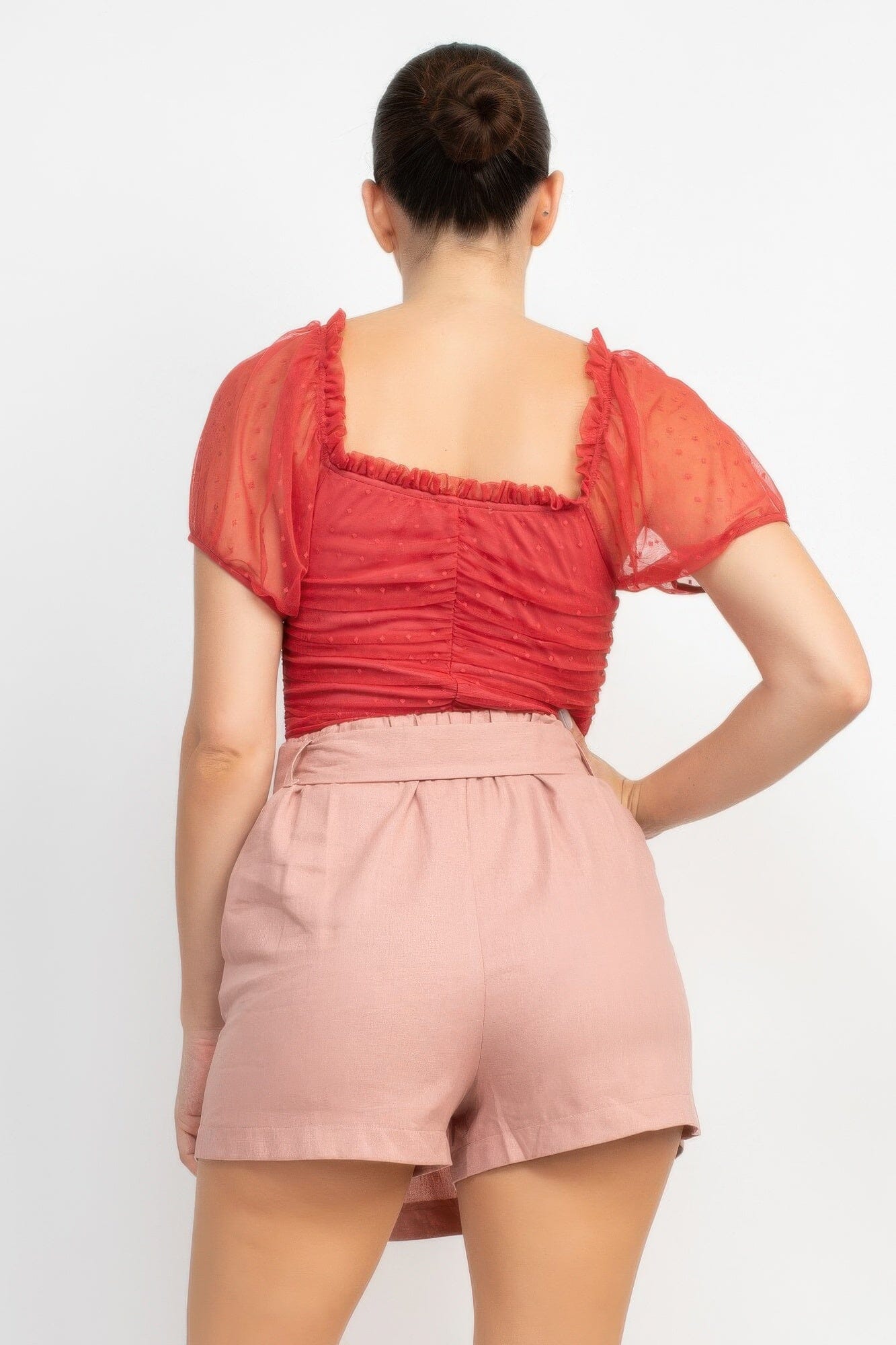 Women Shirred Mesh Short Sleeve Bodysuit Shirts & Tops jehouze