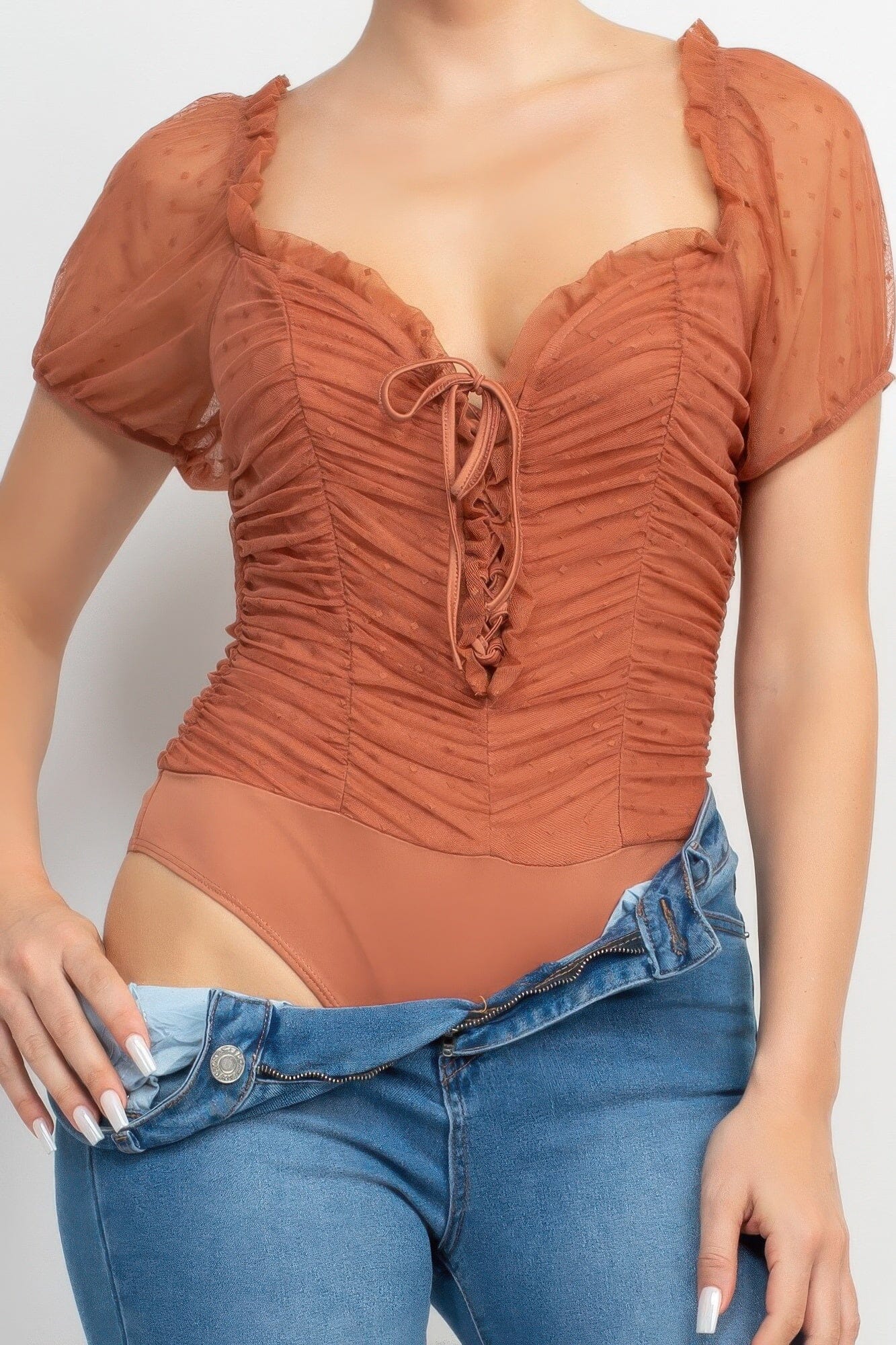 Women Shirred Mesh Short Sleeve Bodysuit Shirts & Tops jehouze