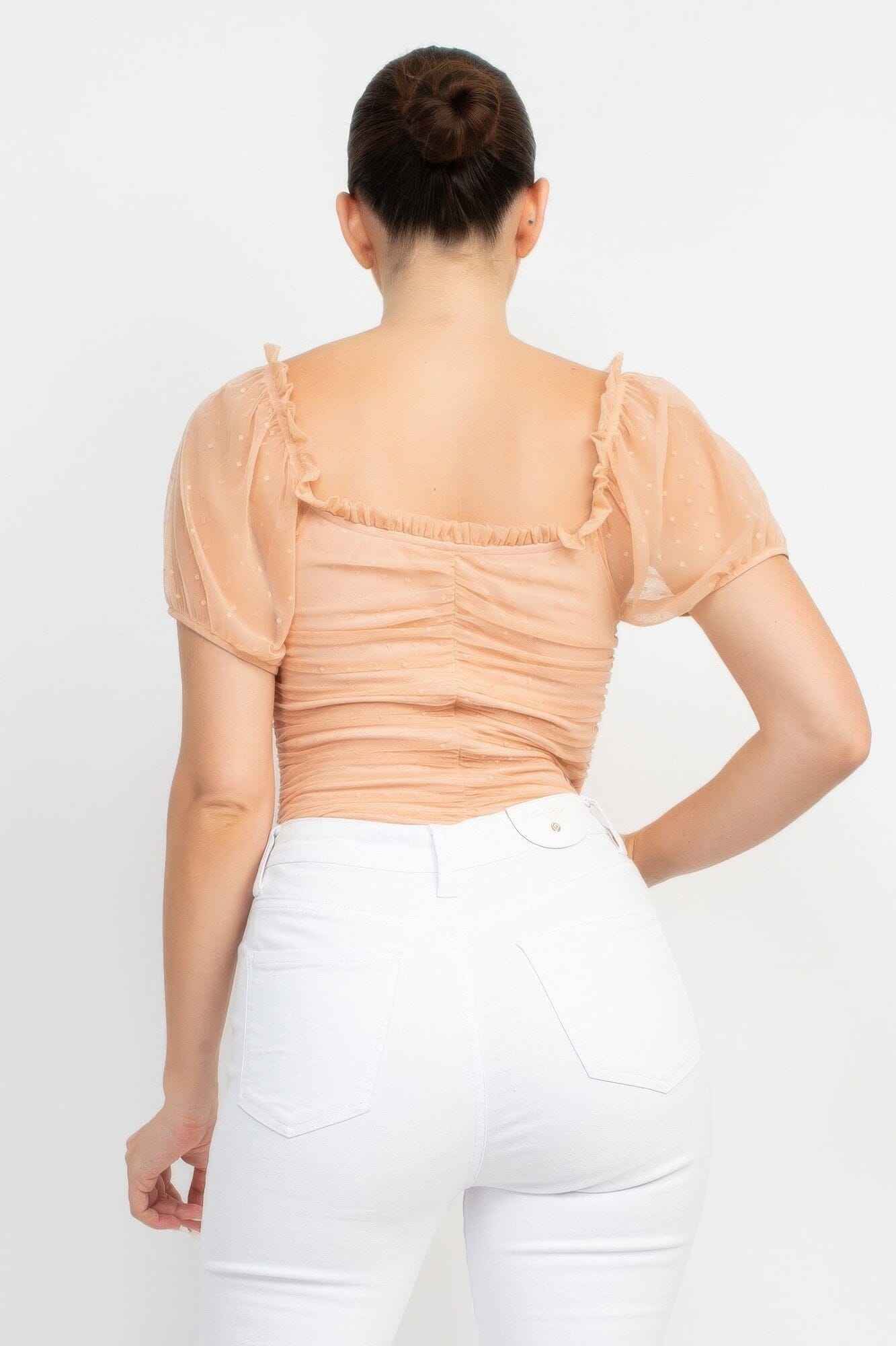 Women Shirred Mesh Short Sleeve Bodysuit Shirts & Tops jehouze