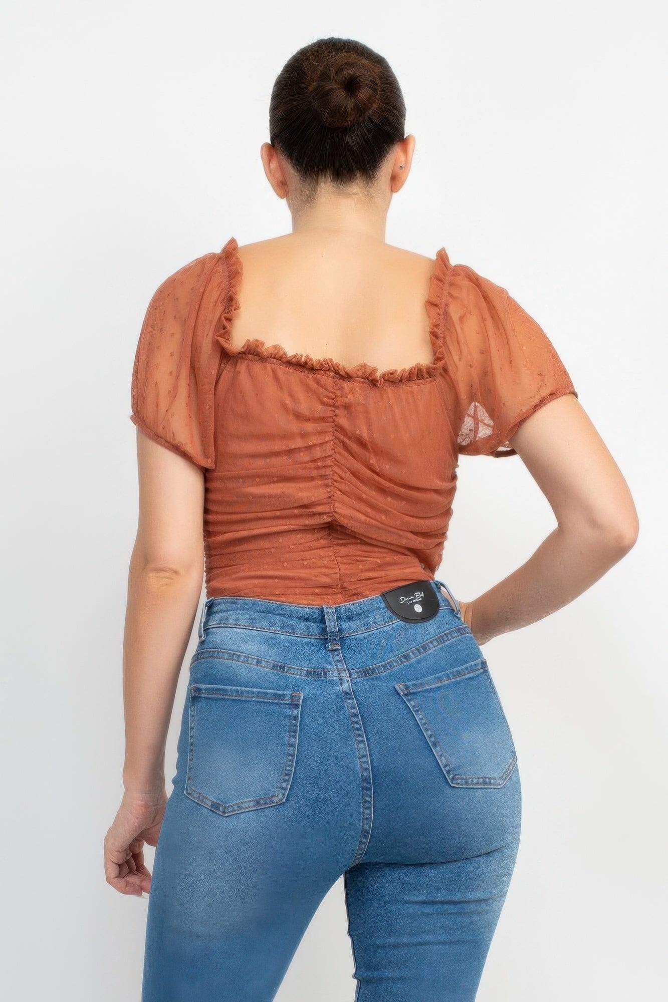 Women Shirred Mesh Short Sleeve Bodysuit Shirts & Tops jehouze