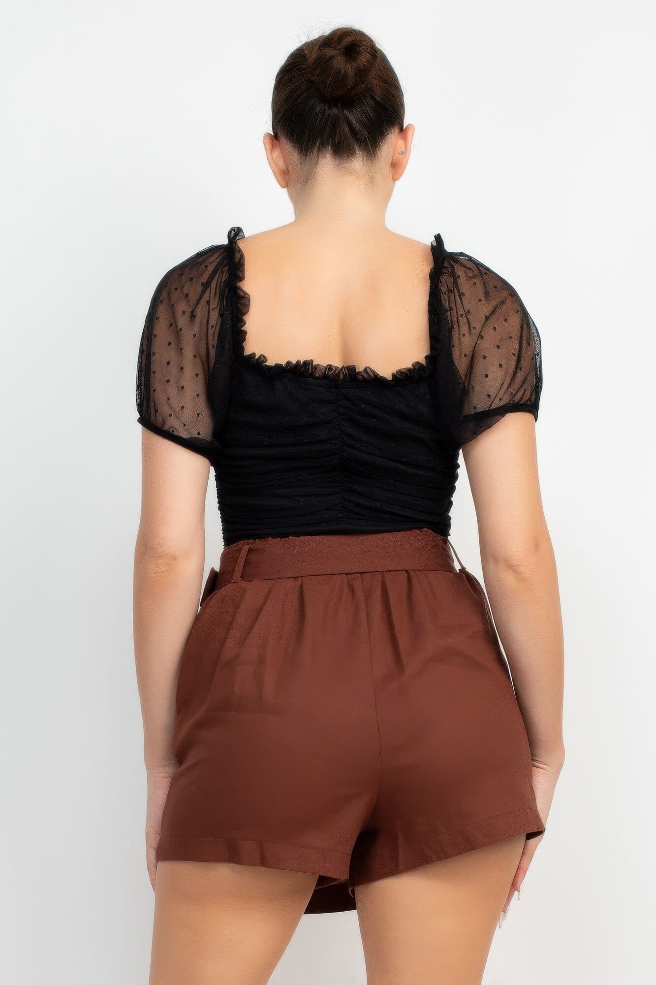 Women Shirred Mesh Short Sleeve Bodysuit Shirts & Tops jehouze