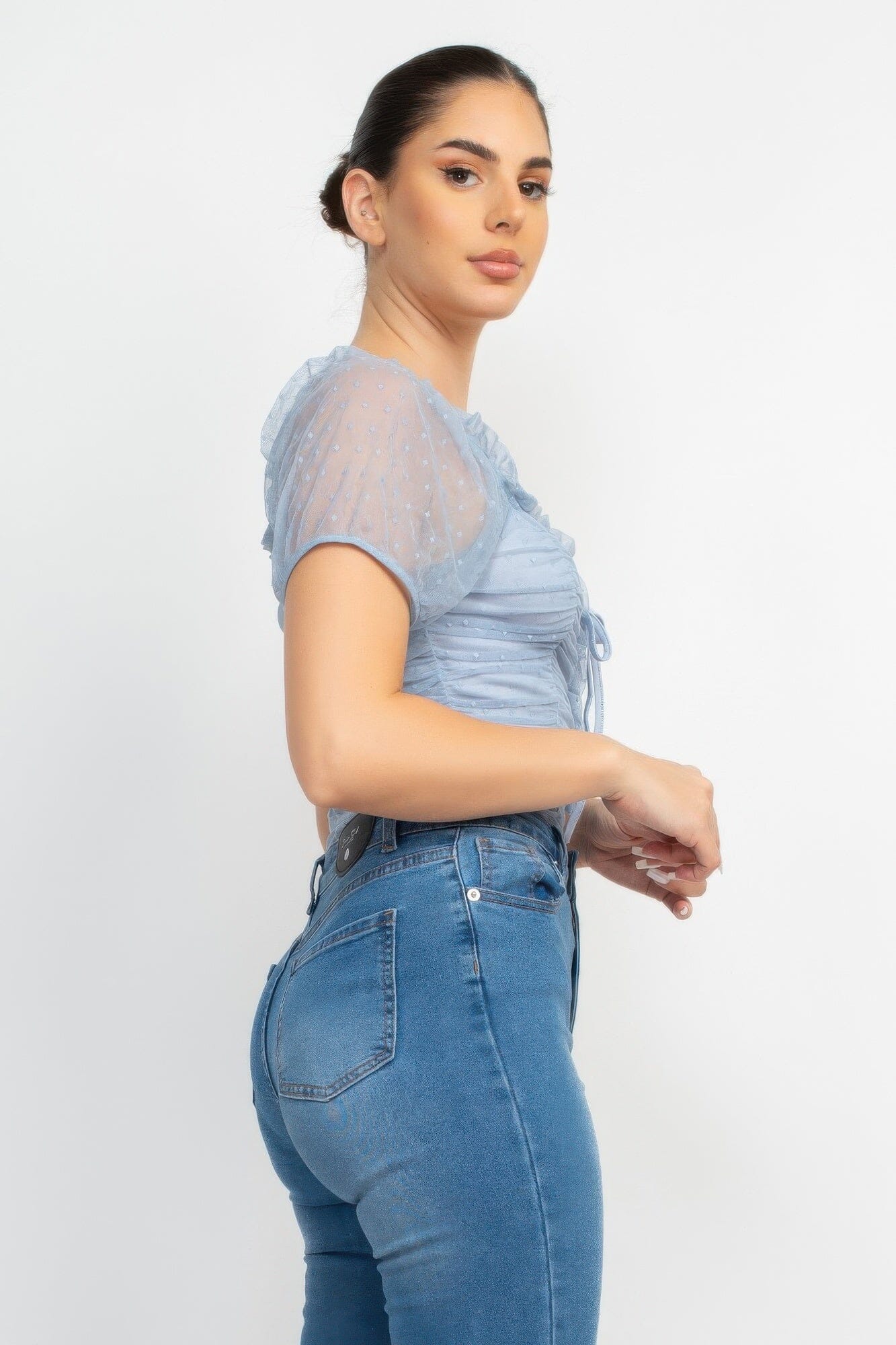 Women Shirred Mesh Short Sleeve Bodysuit Shirts & Tops jehouze