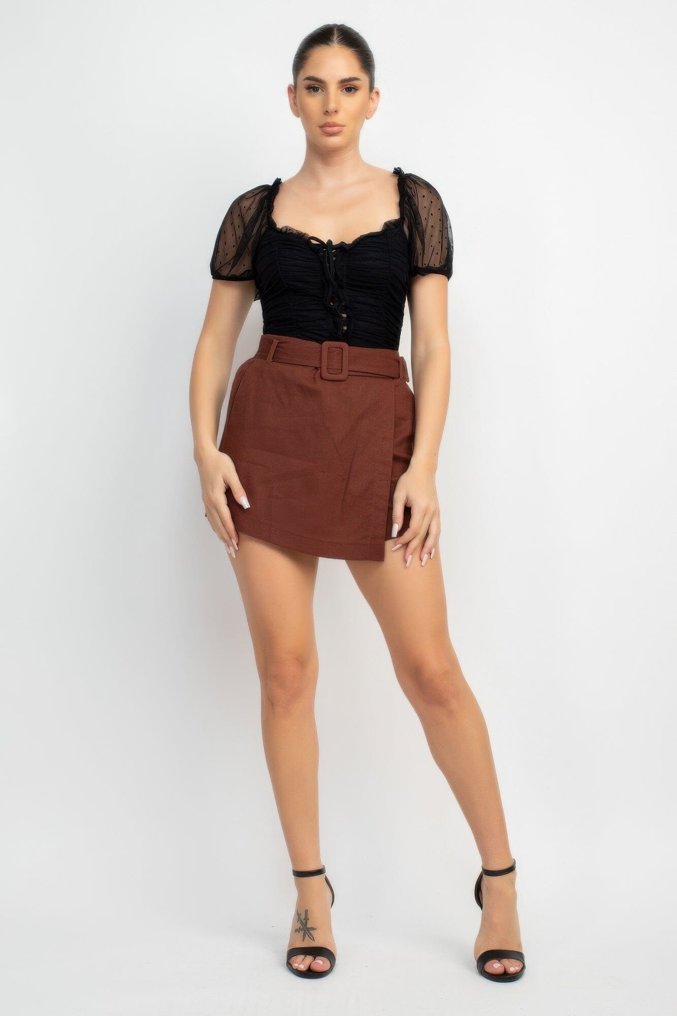 Women Shirred Mesh Short Sleeve Bodysuit Shirts & Tops jehouze Black S
