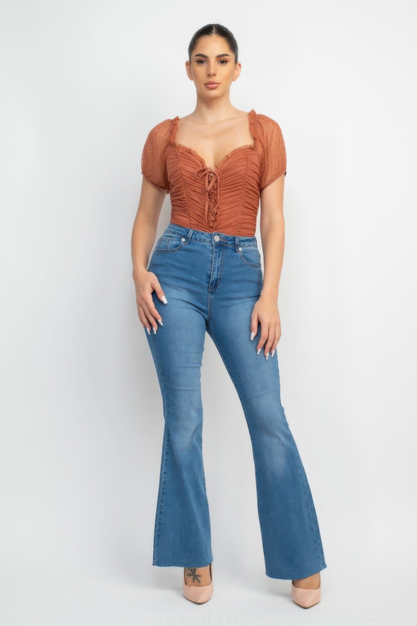 Women Shirred Mesh Short Sleeve Bodysuit Shirts & Tops jehouze Cocoa S