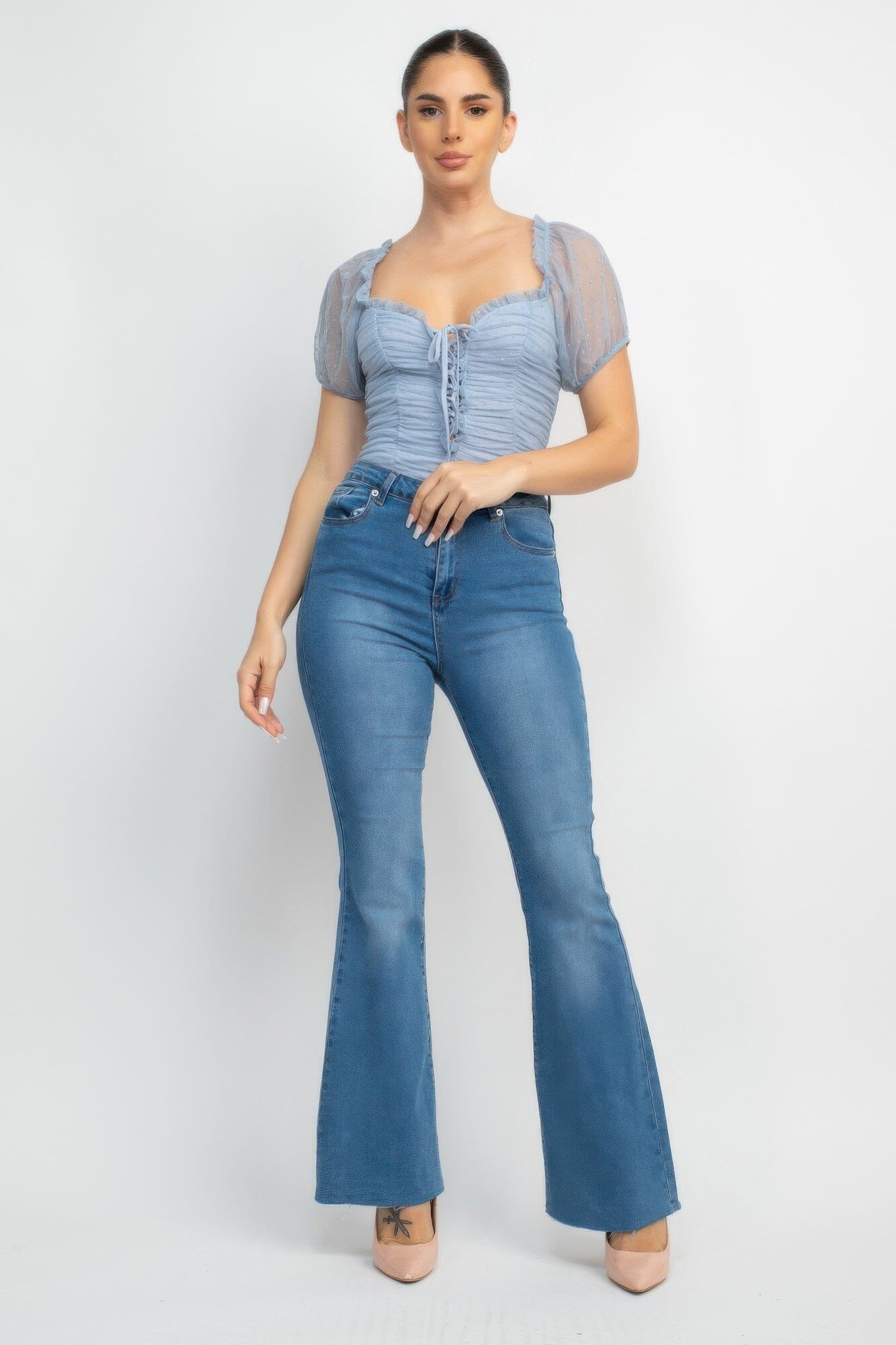 Women Shirred Mesh Short Sleeve Bodysuit Shirts & Tops jehouze Light denim S