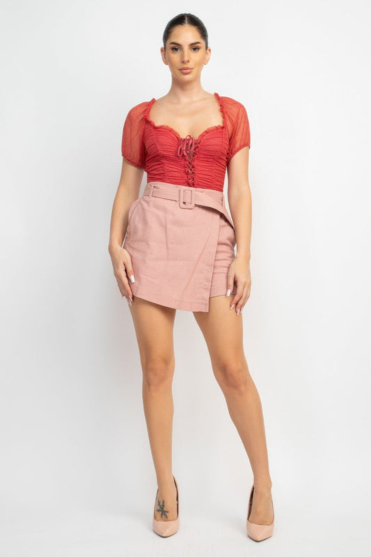 Women Shirred Mesh Short Sleeve Bodysuit Shirts & Tops jehouze Rosy S