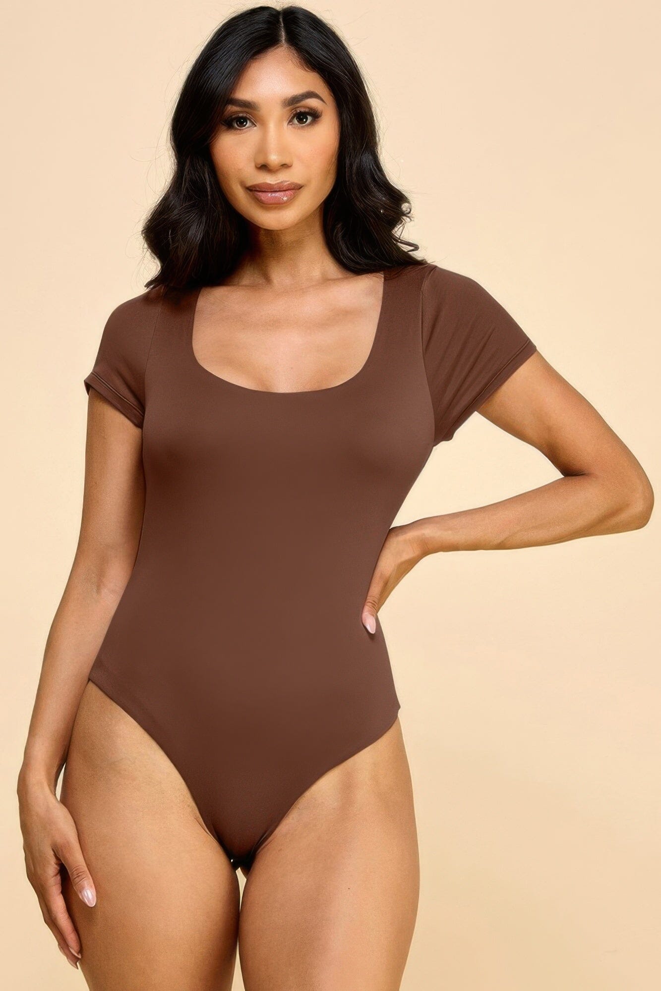 Women Short Sleeve Scoop Neck Double Layered Bodysuit Shirts & Tops jehouze Chocolate S