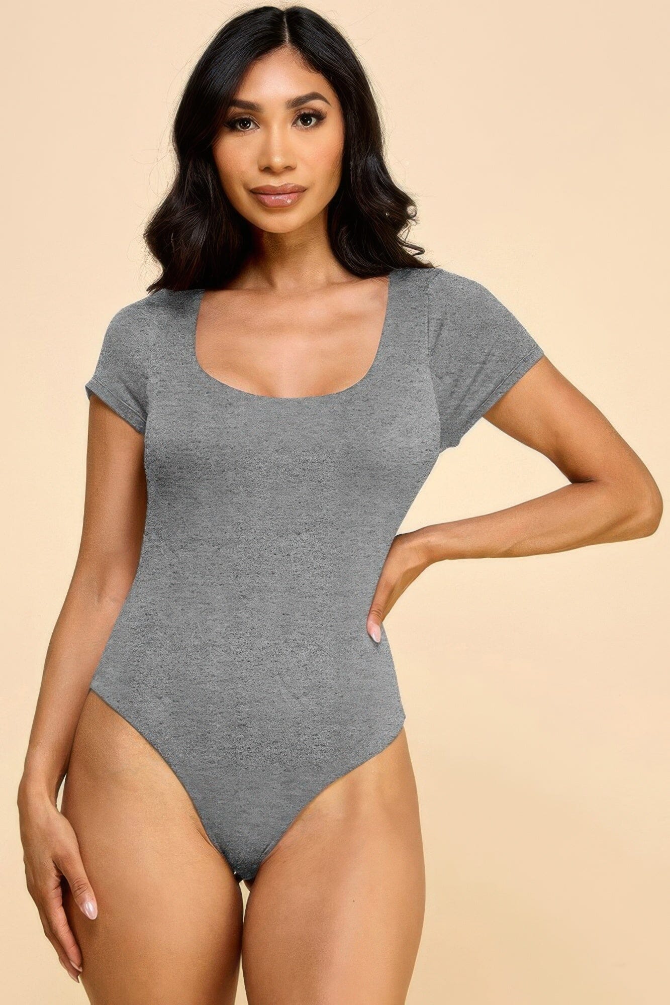 Women Short Sleeve Scoop Neck Double Layered Bodysuit Shirts & Tops jehouze Light heather charcoal S