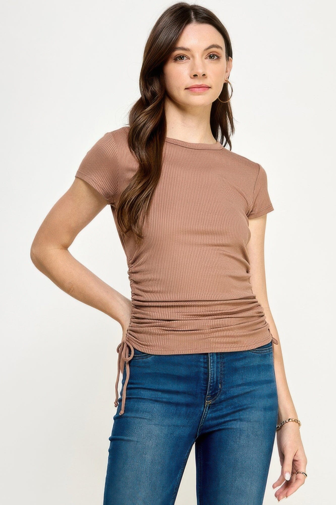 Women Short Sleeve Side Ruched Detail Top Shirts & Tops jehouze Light chocolate S