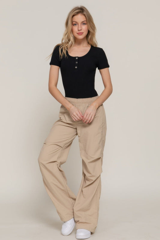 Women Short Sleeve Snap Button Rib Bodysuit Shirts & Tops jehouze Black S