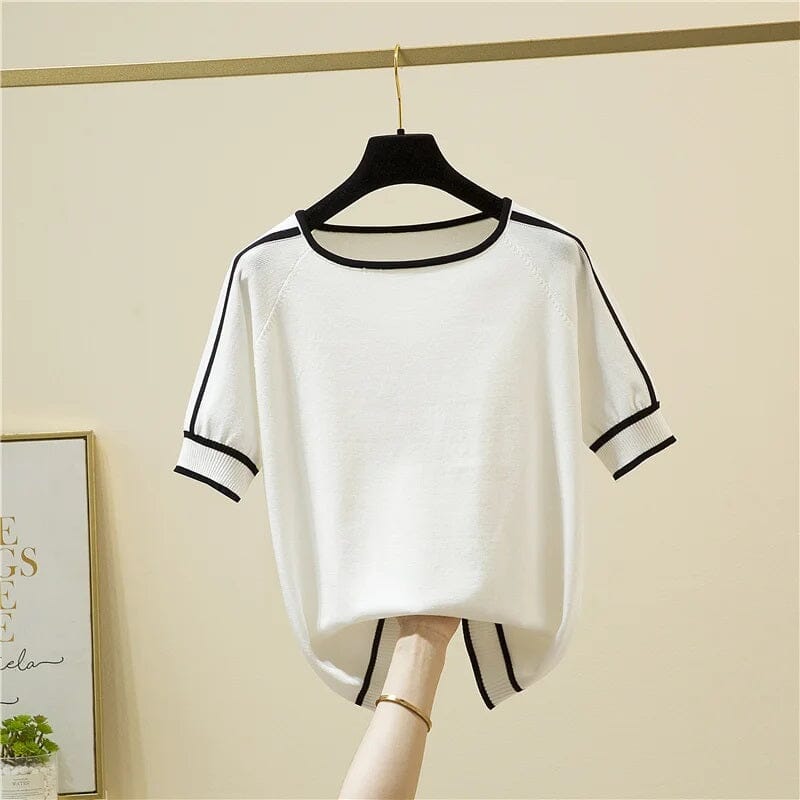 Women Short Sleeve Top Crew Neck Ribbed Knit Top Shirts & Tops jehouze White S 