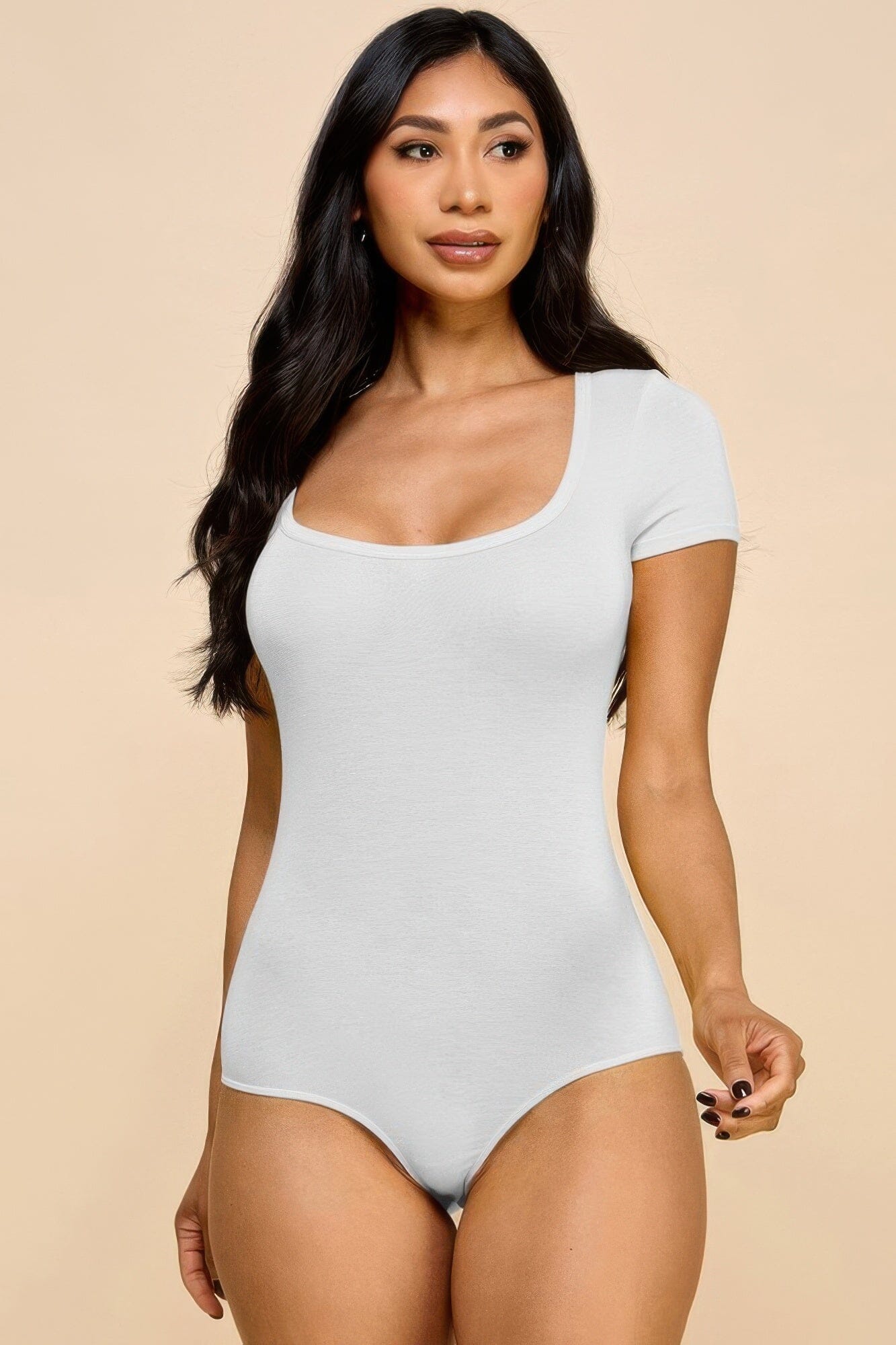 Women Short Sleeve V-neck Basic Bodysuit Shirts & Tops jehouze Soft white S