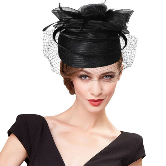 Women Sinamay Fascinator Hat Floral Feather Pillbox Derby Wedding Tea Party Hat Hat jehouze Black