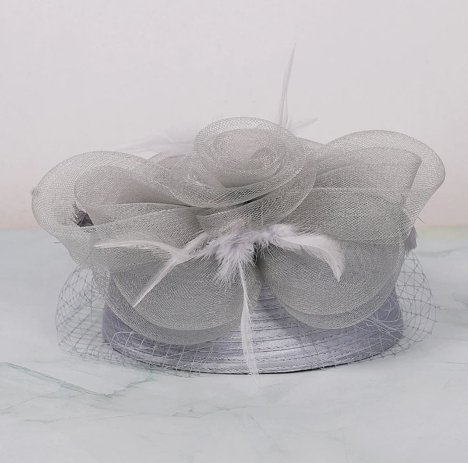 Women Sinamay Fascinator Hat Floral Feather Pillbox Derby Wedding Tea Party Hat Hat jehouze Gray