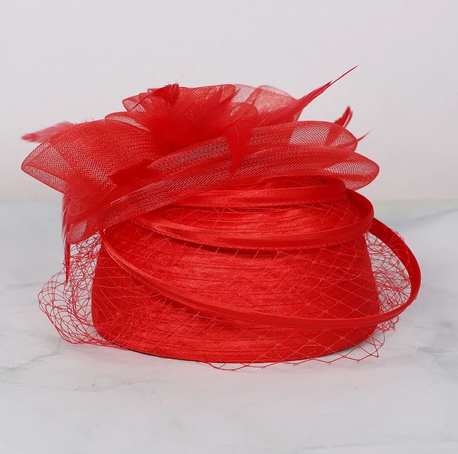 Women Sinamay Fascinator Hat Floral Feather Pillbox Derby Wedding Tea Party Hat Hat jehouze Red