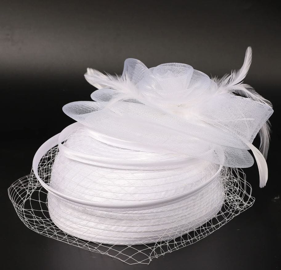 Women Sinamay Fascinator Hat Floral Feather Pillbox Derby Wedding Tea Party Hat Hat jehouze White