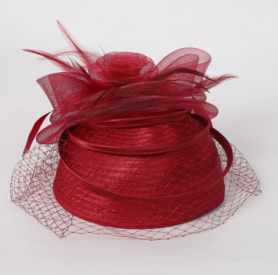 Women Sinamay Fascinator Hat Floral Feather Pillbox Derby Wedding Tea Party Hat Hat jehouze Wine Red