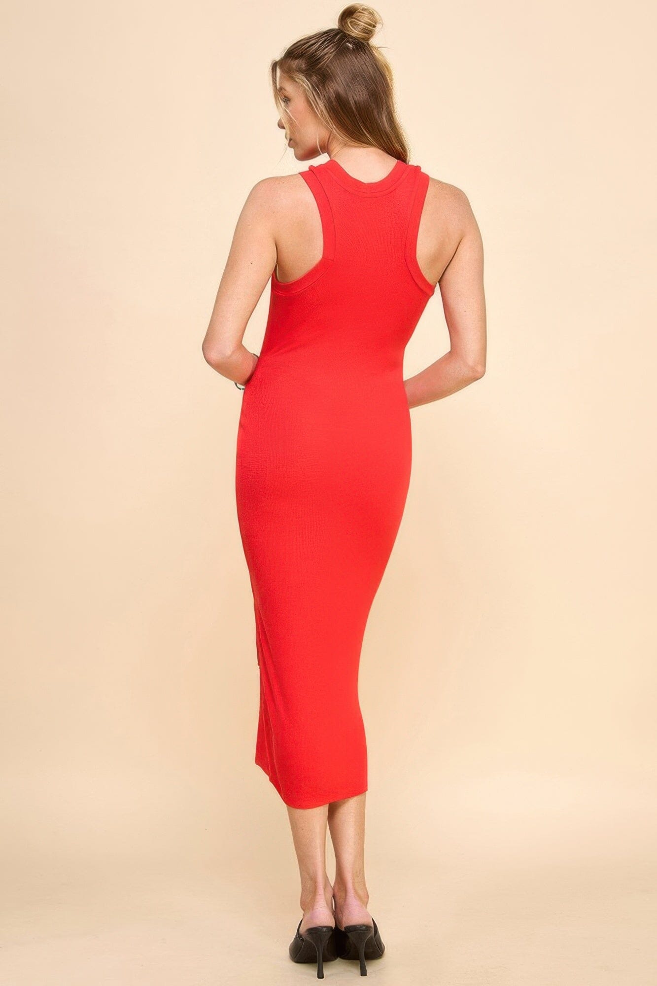 Women Sleeveless Arrow Sleeve Detail Rib Midi Dress Dresses jehouze