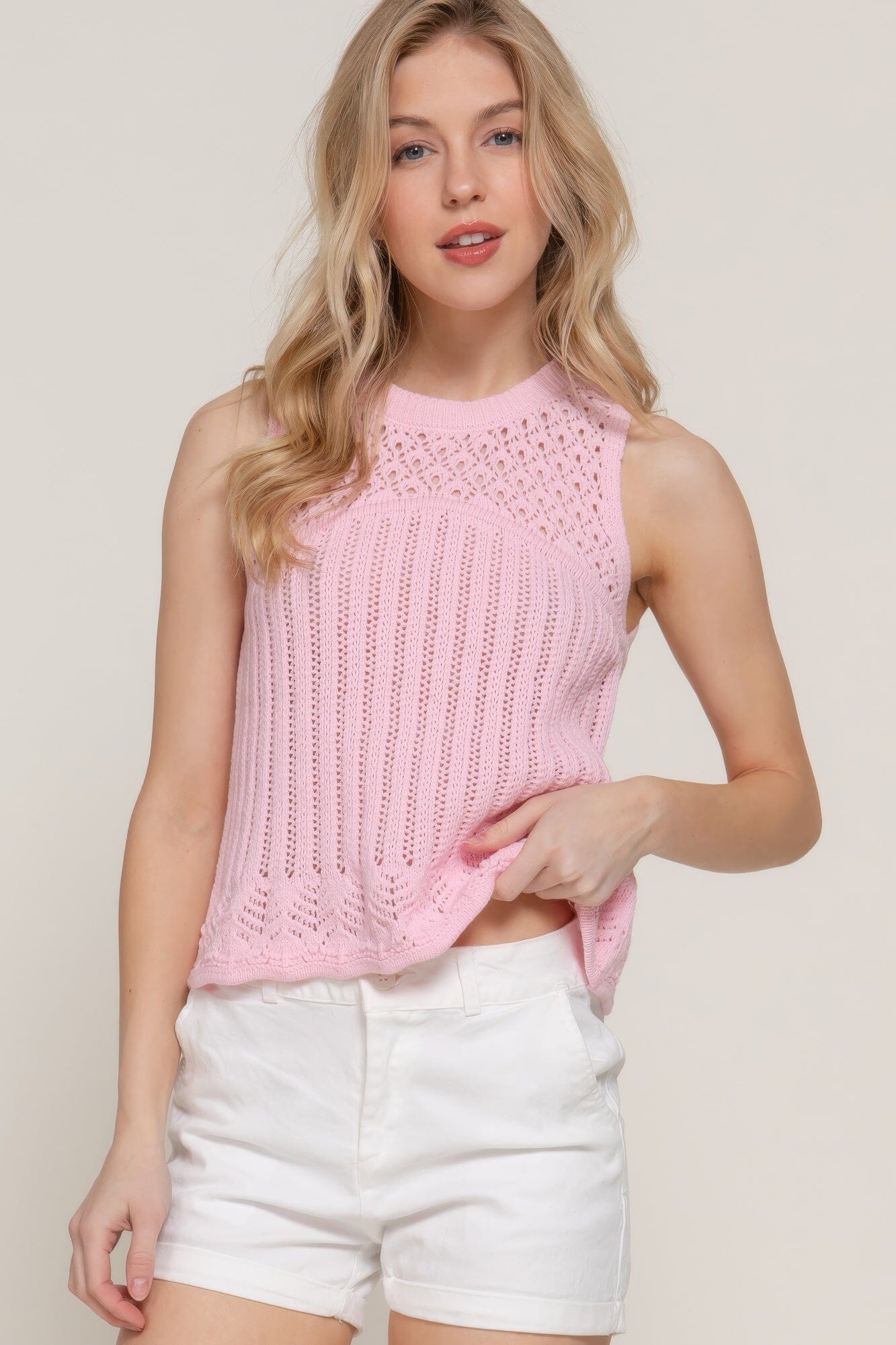 Women Sleeveless Crochet Spring Sweater Top Shirts & Tops jehouze Blush S