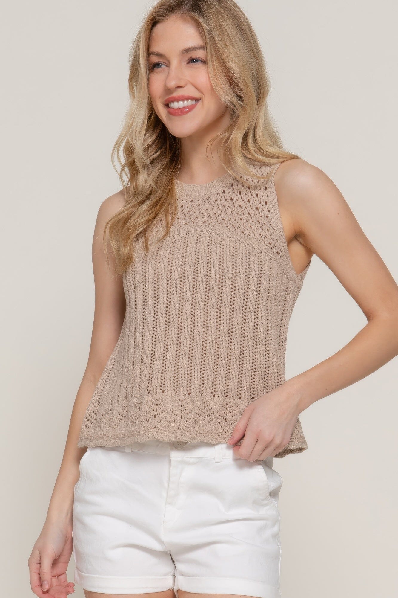 Women Sleeveless Crochet Spring Sweater Top Shirts & Tops jehouze Taupe S