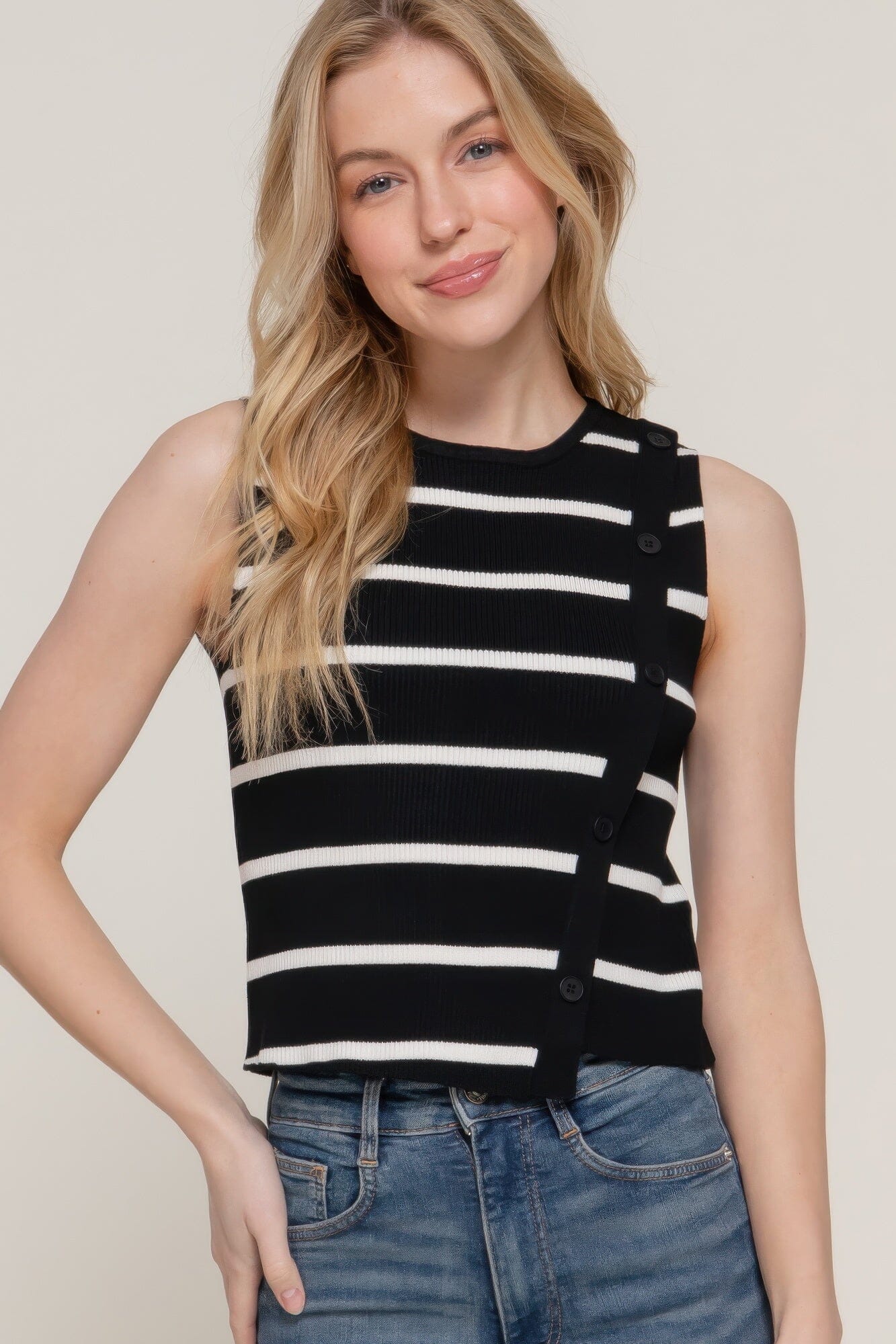 Women Sleeveless Diagonal Shape Stripe Spring Sweater Top Shirts & Tops jehouze Black/cream S