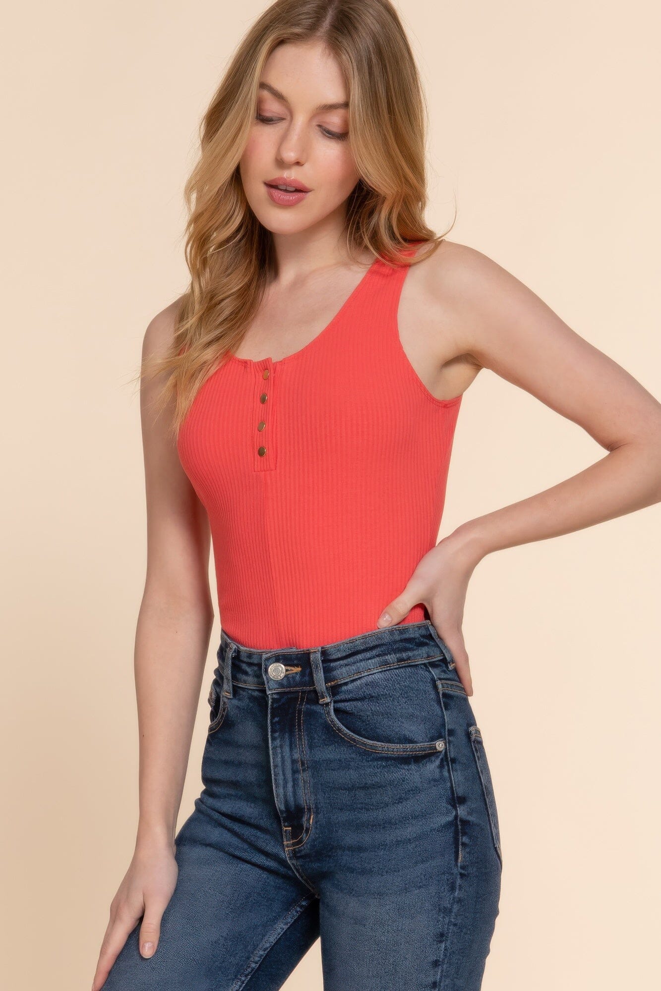 Women Sleeveless Henley Rib Knit Bodysuit Shirts & Tops jehouze