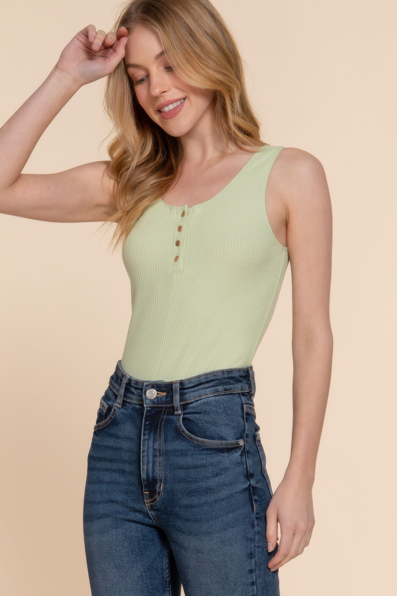 Women Sleeveless Henley Rib Knit Bodysuit Shirts & Tops jehouze