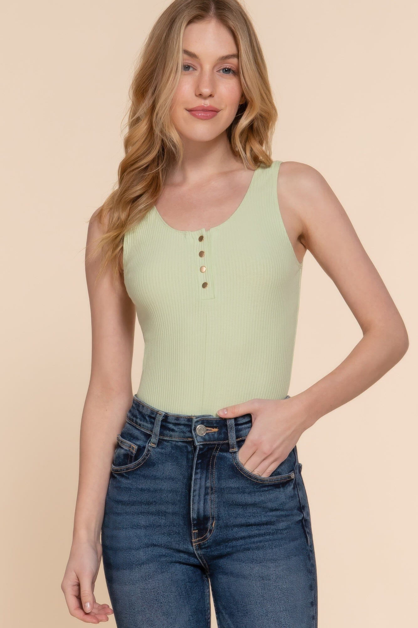 Women Sleeveless Henley Rib Knit Bodysuit Shirts & Tops jehouze