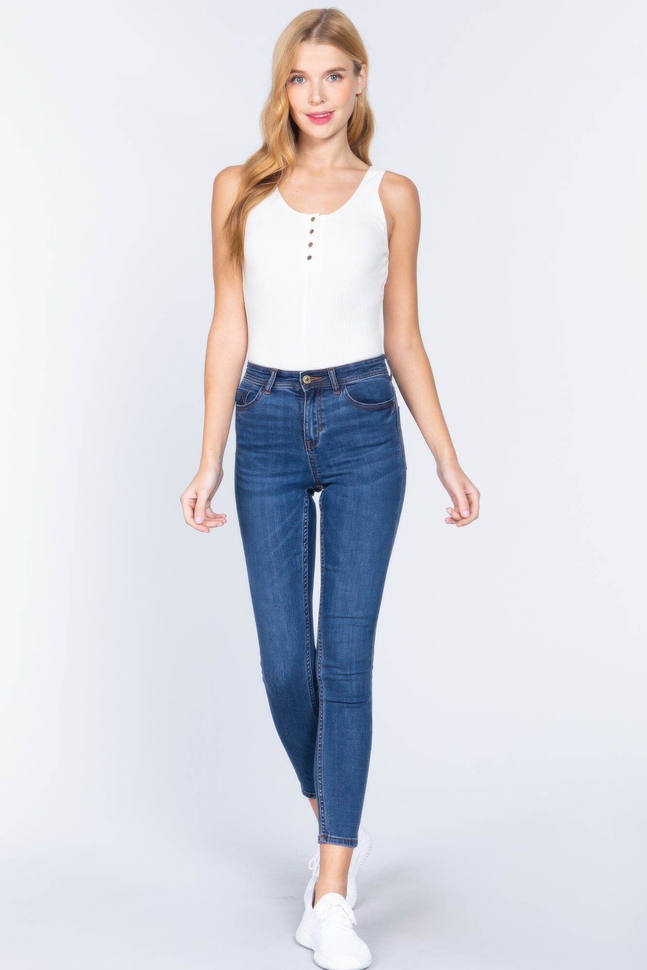 Women Sleeveless Henley Rib Knit Bodysuit Shirts & Tops jehouze Off white S