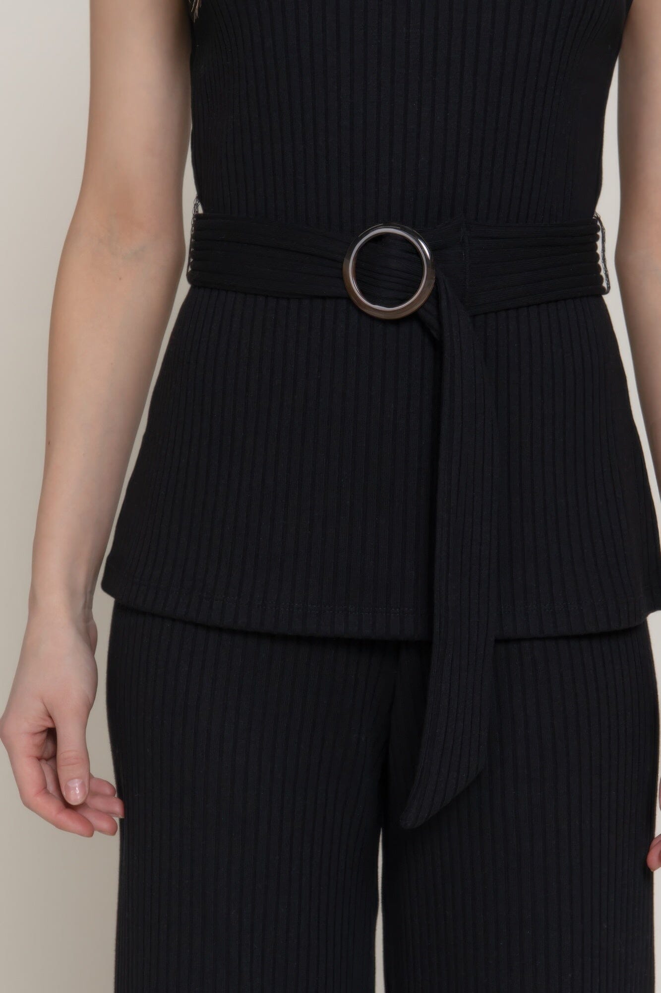 Women Sleeveless Mock Neck Waist Belt Rib Knit Top Shirts & Tops jehouze