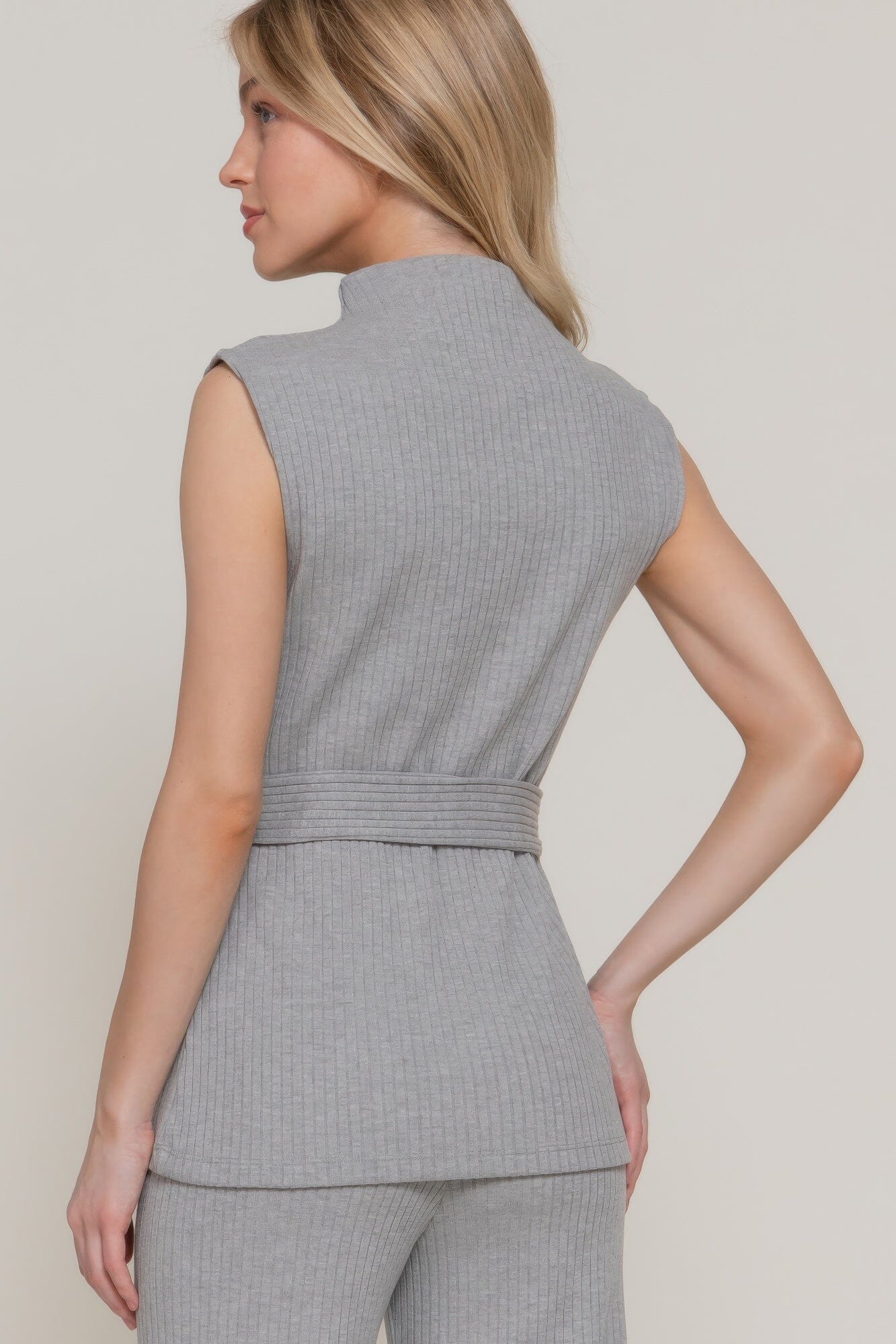 Women Sleeveless Mock Neck Waist Belt Rib Knit Top Shirts & Tops jehouze