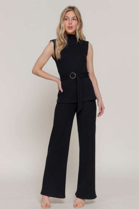 Women Sleeveless Mock Neck Waist Belt Rib Knit Top Shirts & Tops jehouze Black S