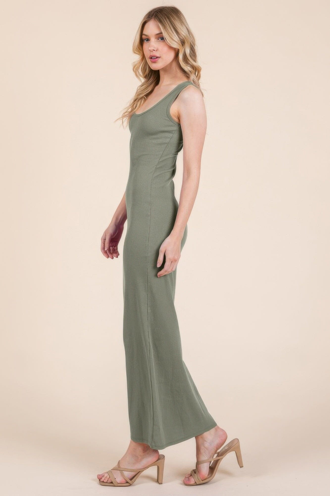 Women Sleeveless Rib Maxi Dress Dresses jehouze Faded olive S