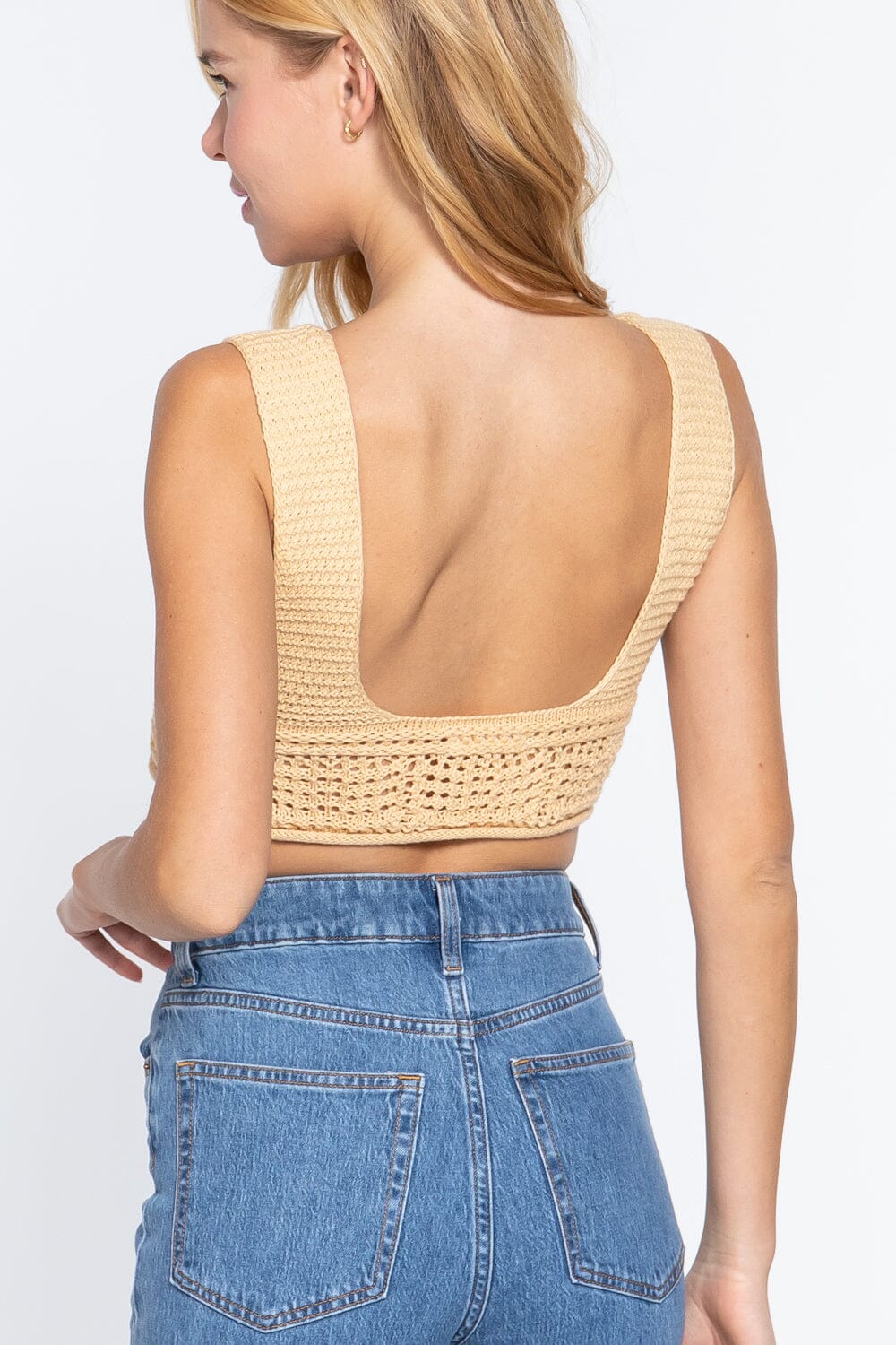 Women Sleeveless Textured Crop Sweater Tank Top Shirts & Tops jehouze