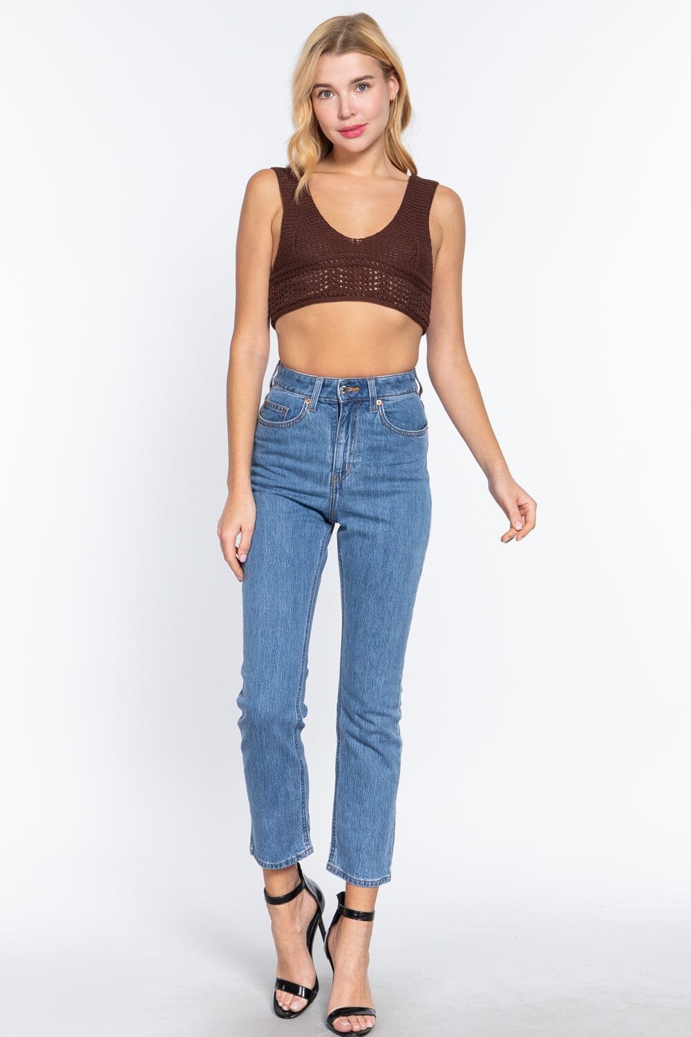 Women Sleeveless Textured Crop Sweater Tank Top Shirts & Tops jehouze