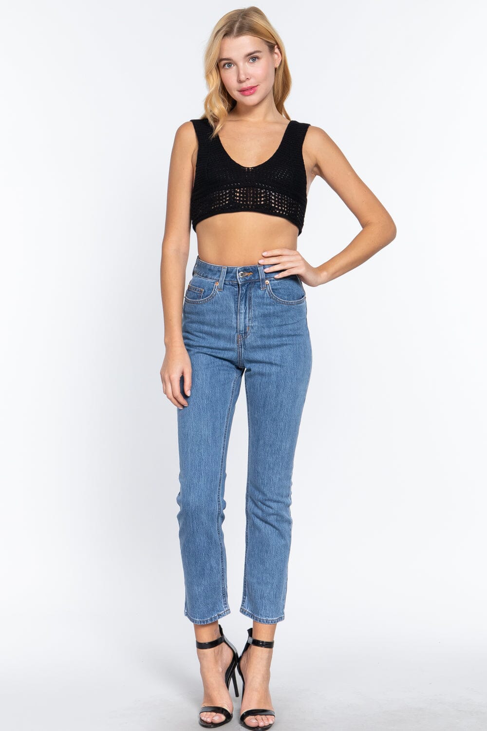 Women Sleeveless Textured Crop Sweater Tank Top Shirts & Tops jehouze