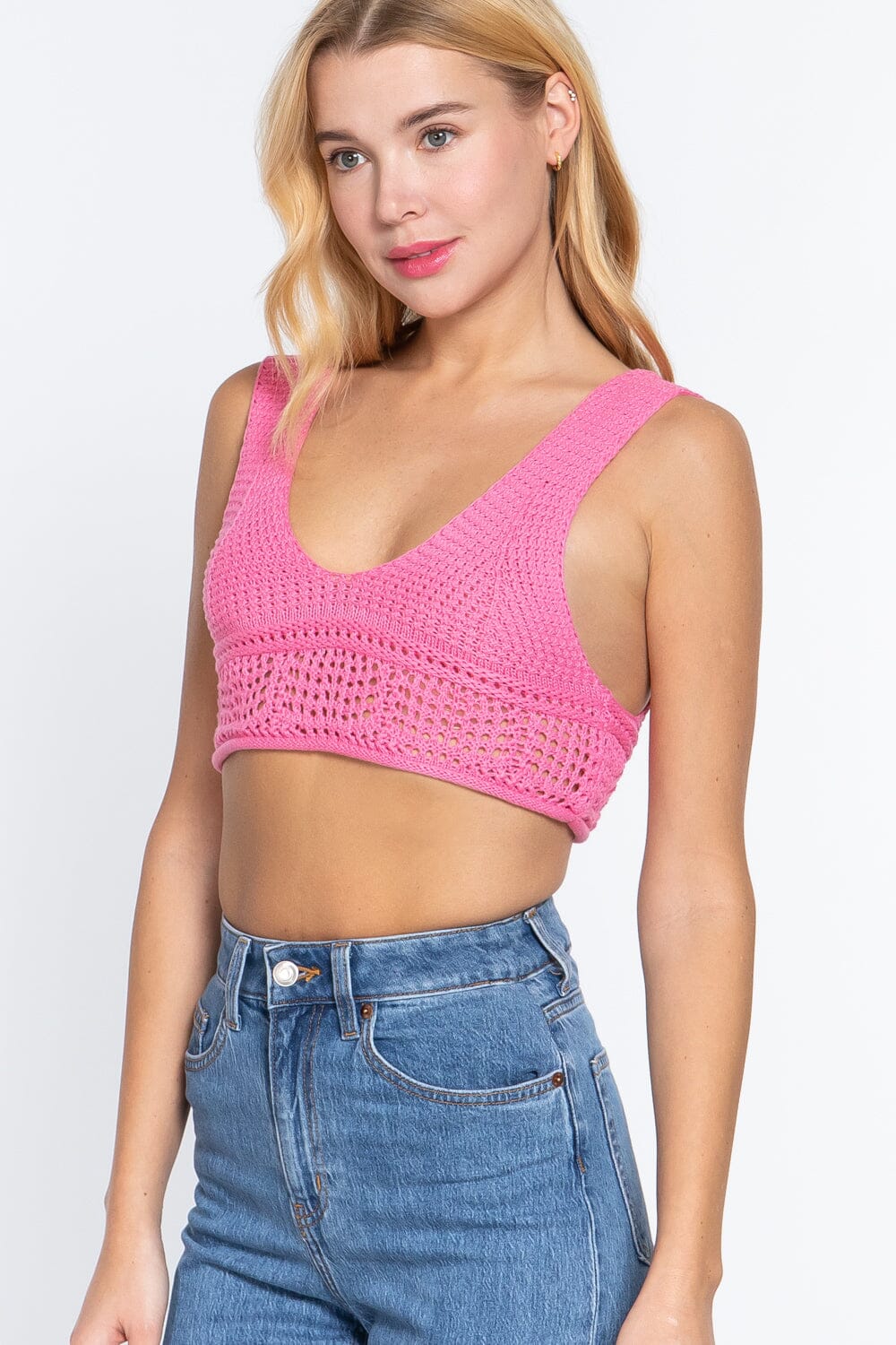 Women Sleeveless Textured Crop Sweater Tank Top Shirts & Tops jehouze