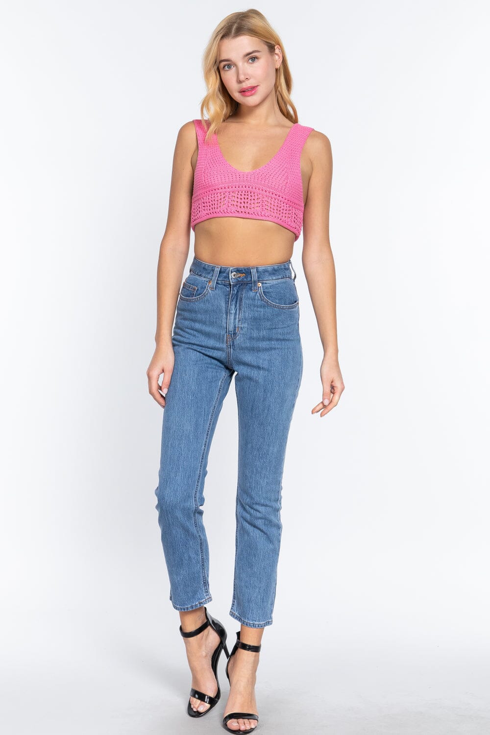 Women Sleeveless Textured Crop Sweater Tank Top Shirts & Tops jehouze