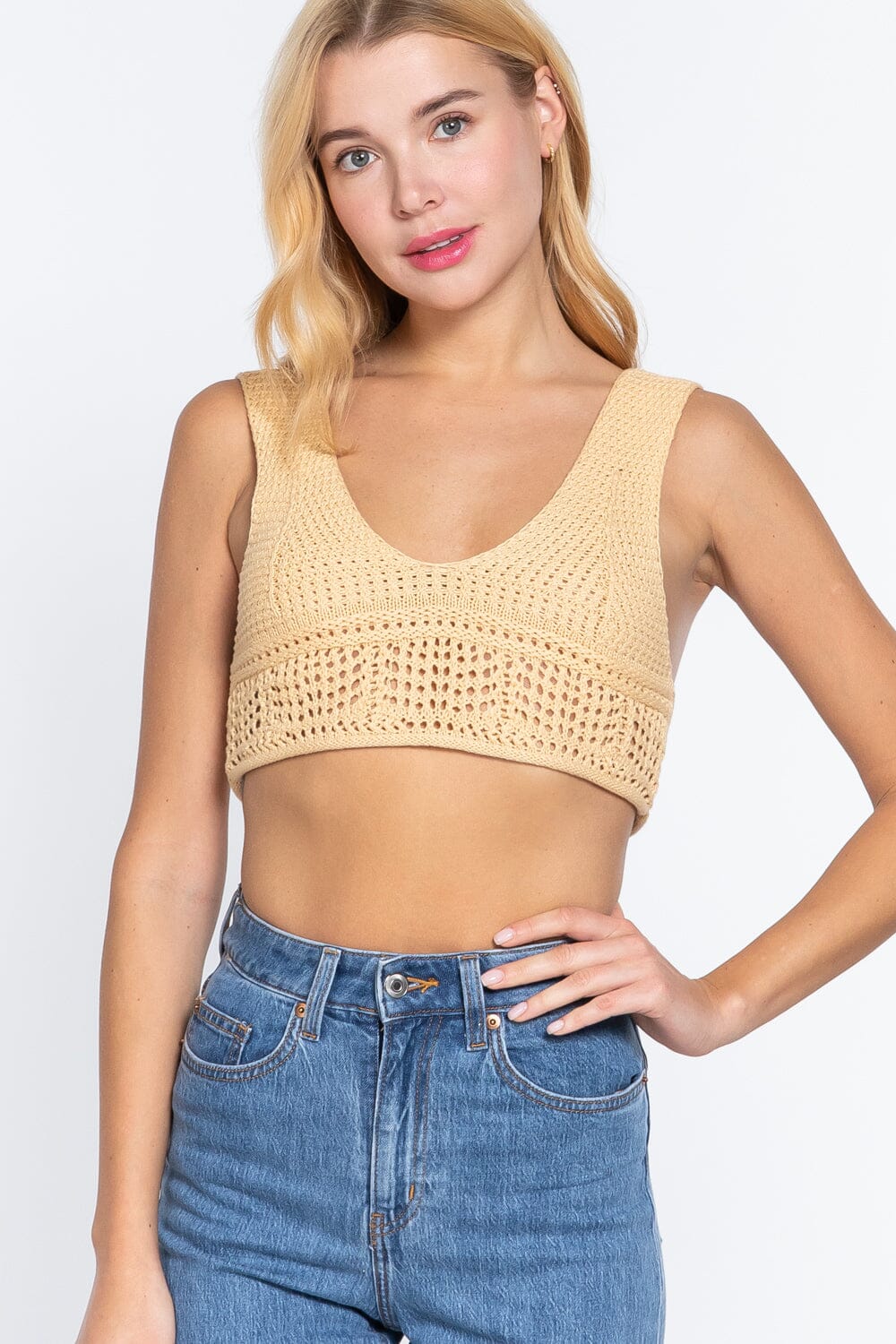 Women Sleeveless Textured Crop Sweater Tank Top Shirts & Tops jehouze Butter Yellow S