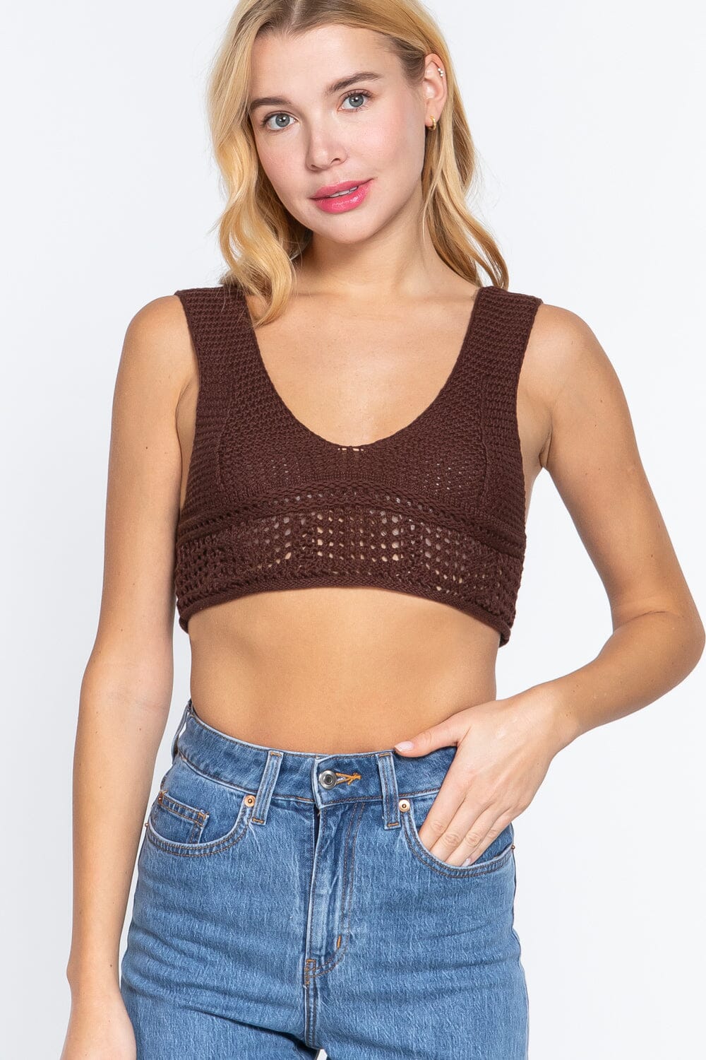 Women Sleeveless Textured Crop Sweater Tank Top Shirts & Tops jehouze Chocolate S