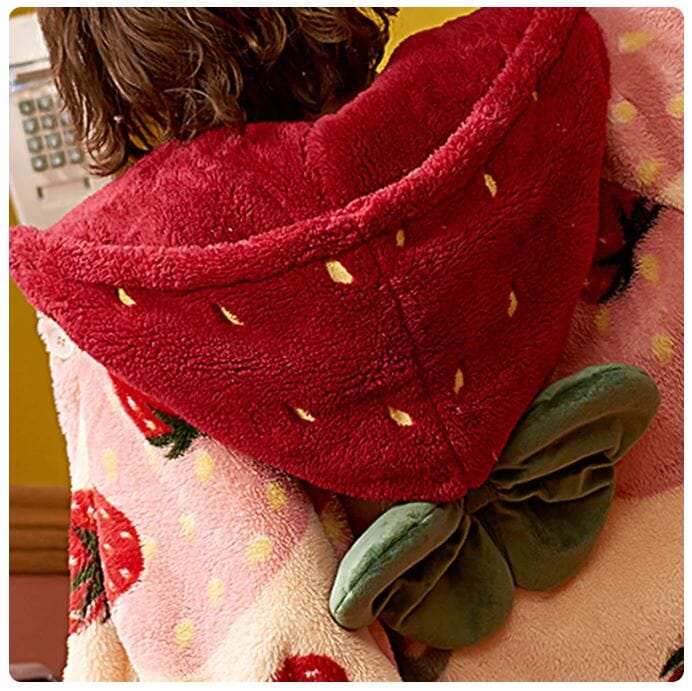 Women Soft Plush Fleece Hooded Strawberry Winter Flannel Cute Loungewear Sleepwear & Loungewear jehouze 